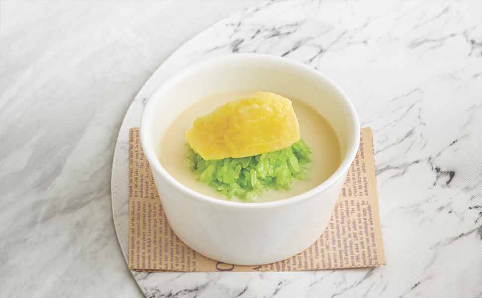 Pandan Sticky Rice with Durian in Coconut Cream