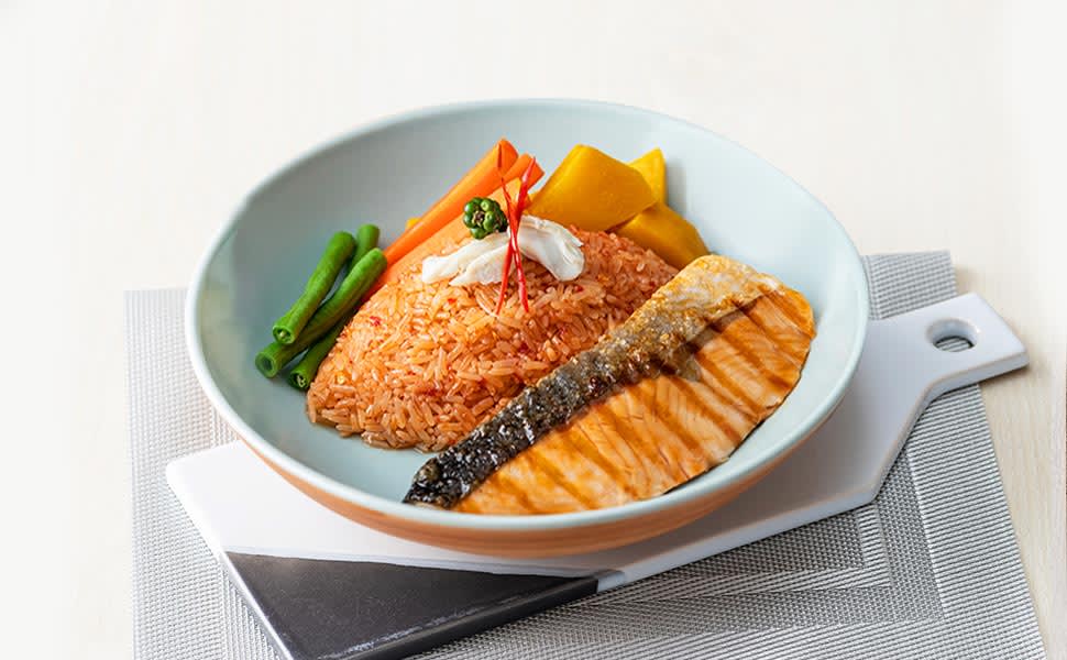 Crabmeat Chilli Paste Fried Rice w/ Grilled Salmon
