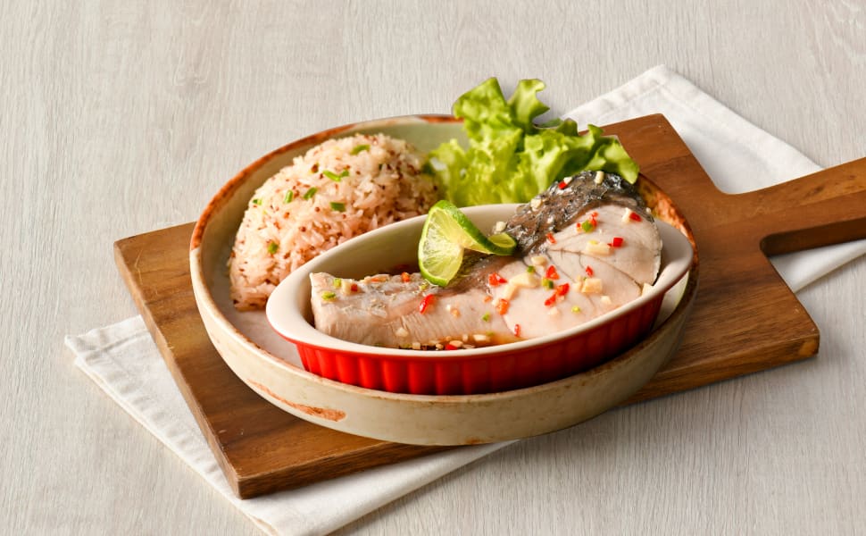 Quinoa Fried Rice w/ Steamed Jumbo Sea bass in Lime & Chili Dressing