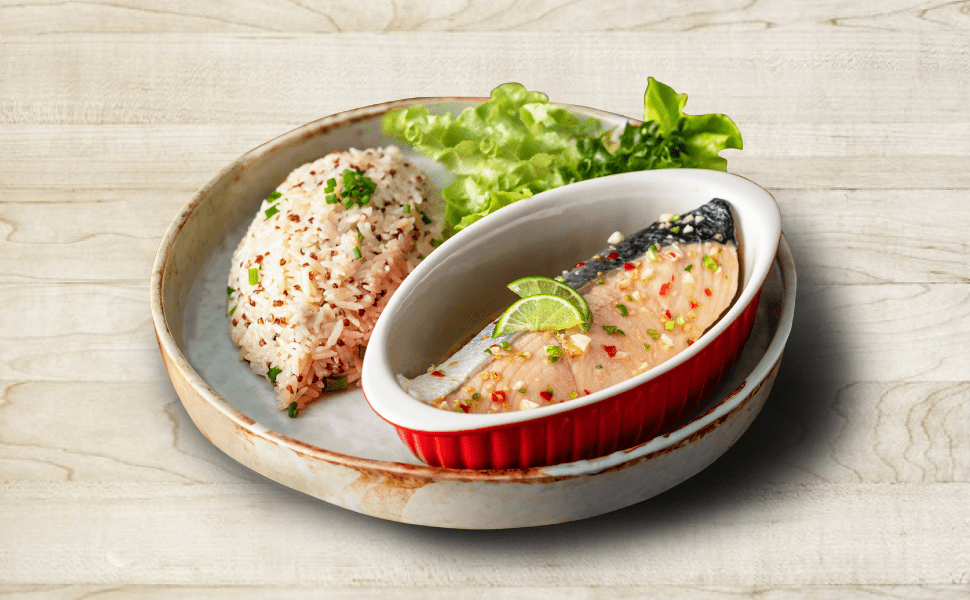 Quinoa Fried Rice w/ Steamed Salmon in Lime & Chilli Dressing