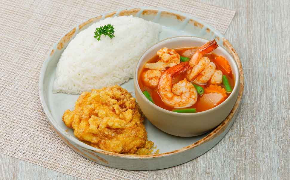 Rice - Hot Sour Vegetable and Prawns - Fluffed Omelette