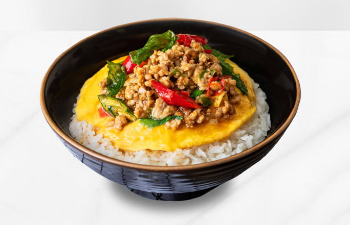 Soft Omelet on Rice w/ Spicy Chicken Basil