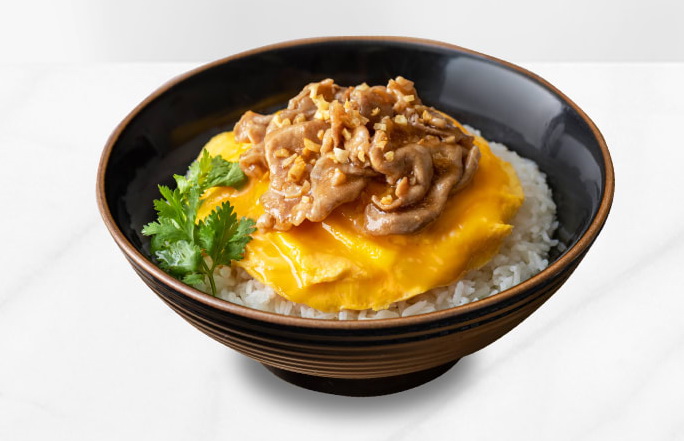 Soft Omelette on Rice w/ Garlic & Pepper Kurobuta Pork Slices